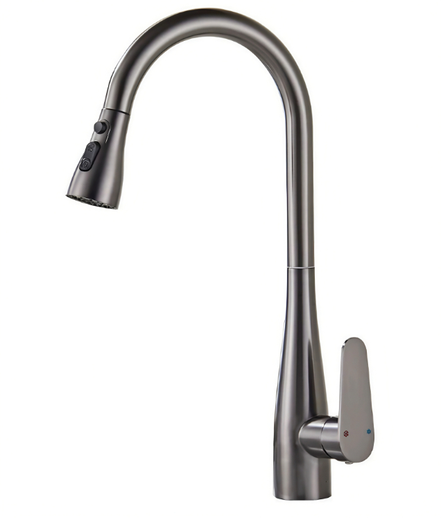 Gunmetal Grey High-Arc Gooseneck Lako Mafana sy Mangatsiaka Sintonina Faucet Gunmetal Grey High-Arc Gooseneck Lako Mafana sy Mangatsiaka Sintonina Faucet